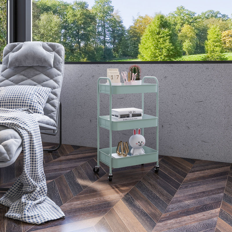 Three Tier Steel Storage Trolley with Wheels in Light Blue for Home and Office by HOMCOM