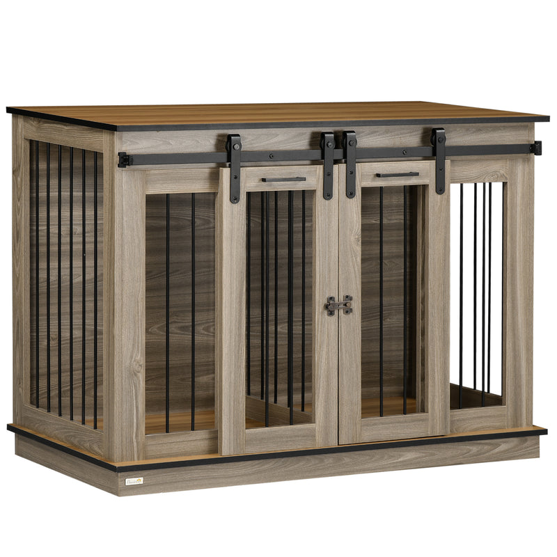Wooden Dog Crate Furniture with Sliding Doors for Large and Small Dogs, Oak Tone