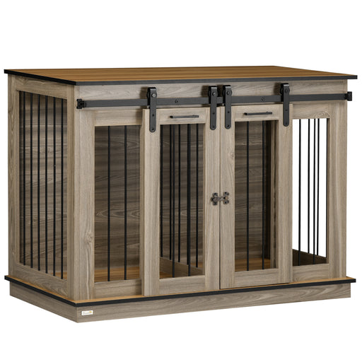 Wooden Dog Crate Furniture with Sliding Doors for Large and Small Dogs, Oak Tone