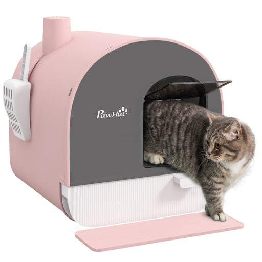 Covered Cat Litter Box with Scoop Filter and Flap Door for Odour Control, Pink