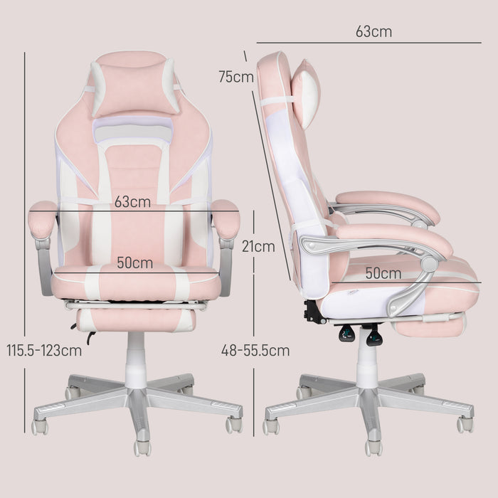 Pink and White Leather Reclining Gaming Chair With Footrest by HOMCOM