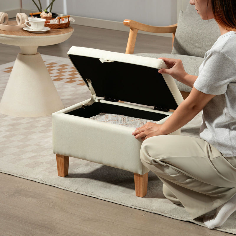 Beige Linen Storage Ottoman 16L with Padded Seat and Rubberwood Legs for Bedroom Use - 49W x 33D x 36H cm