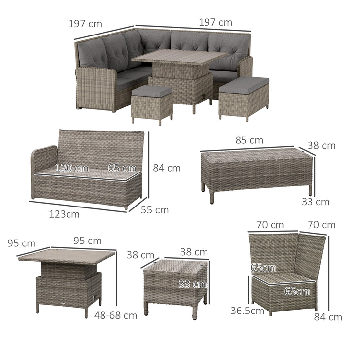 6 Seater Rattan Garden Sofa Set With Cushions and Liftable Table Light Grey by Outsunny