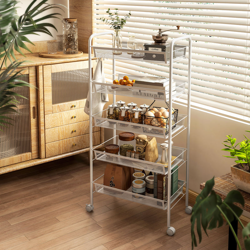 Five Tier Steel Mesh Storage Trolley With Rolling Wheels For Home Organisation, White