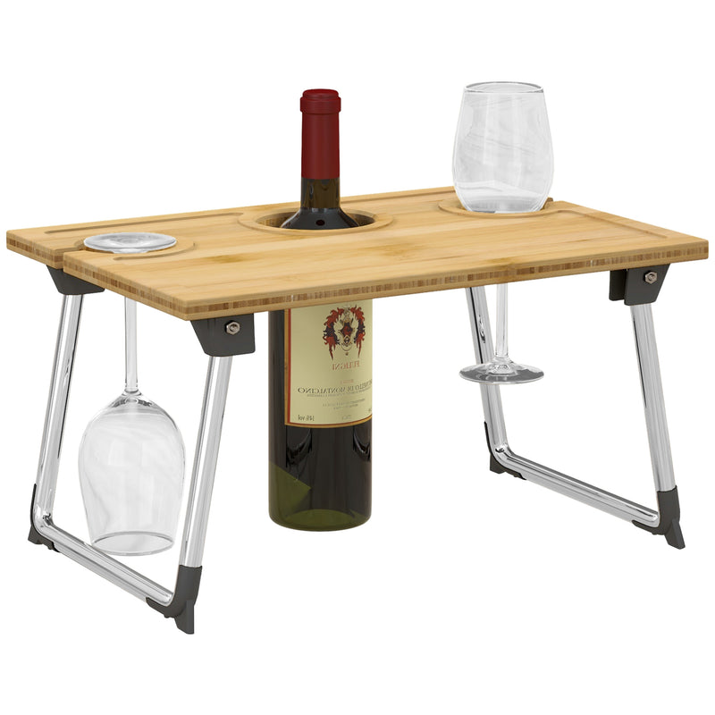 Portable Bamboo Picnic Table with Wine and Glass Holders for Outdoor Use, Natural AOSOM