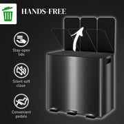 Black 45L Triple Kitchen Pedal Bin with Soft Close Lid and Removable Inner Buckets by HOMCOM