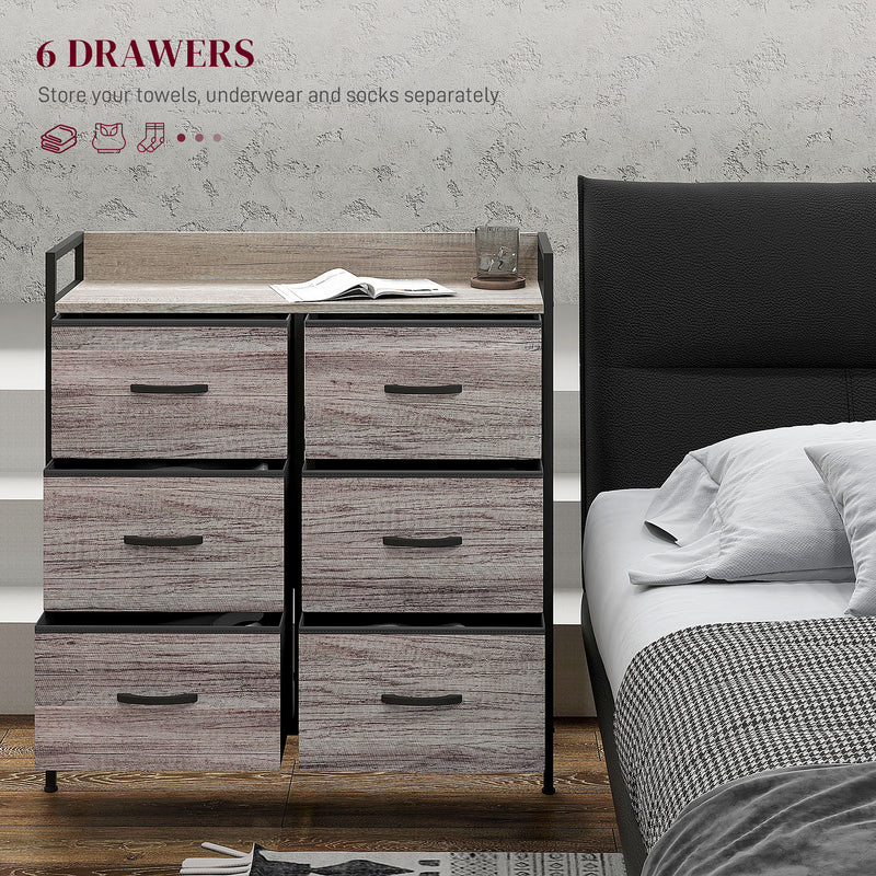 Rustic Storage Chest with Six Fabric Drawers Ideal for Bedroom or Hallway Grey Wood Effect