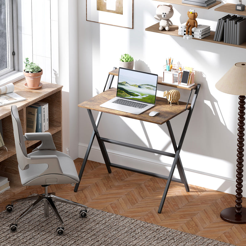 Rustic Brown Folding Computer Desk with Monitor Shelf 81.5 cm Space Saving Design by HOMCOM