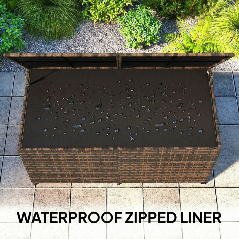 Waterproof Cushion Storage Box For Garden 650L With Wheels and Gas Lift Lid Mixed Brown PE Rattan