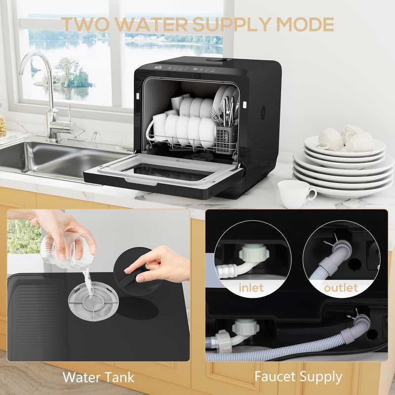 Mini Table Top Dishwasher 6 Programmes With Built In 6L Tank Ideal For Small Kitchens Black