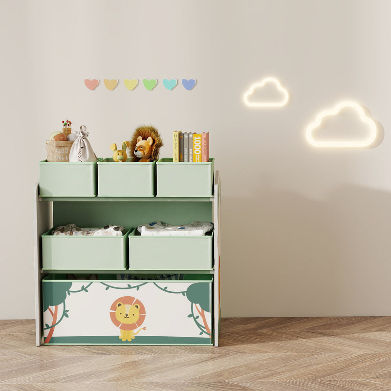 3 Tier Kids Toy Storage Unit With 6 Removable Bins For Bedroom Or Playroom Green 63 x 30 x 66cm