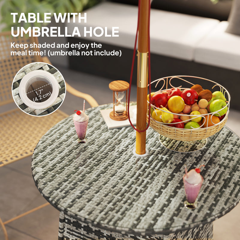 Grey Rattan Garden Coffee Table with Tempered Glass Top and Umbrella Hole by Outsunny