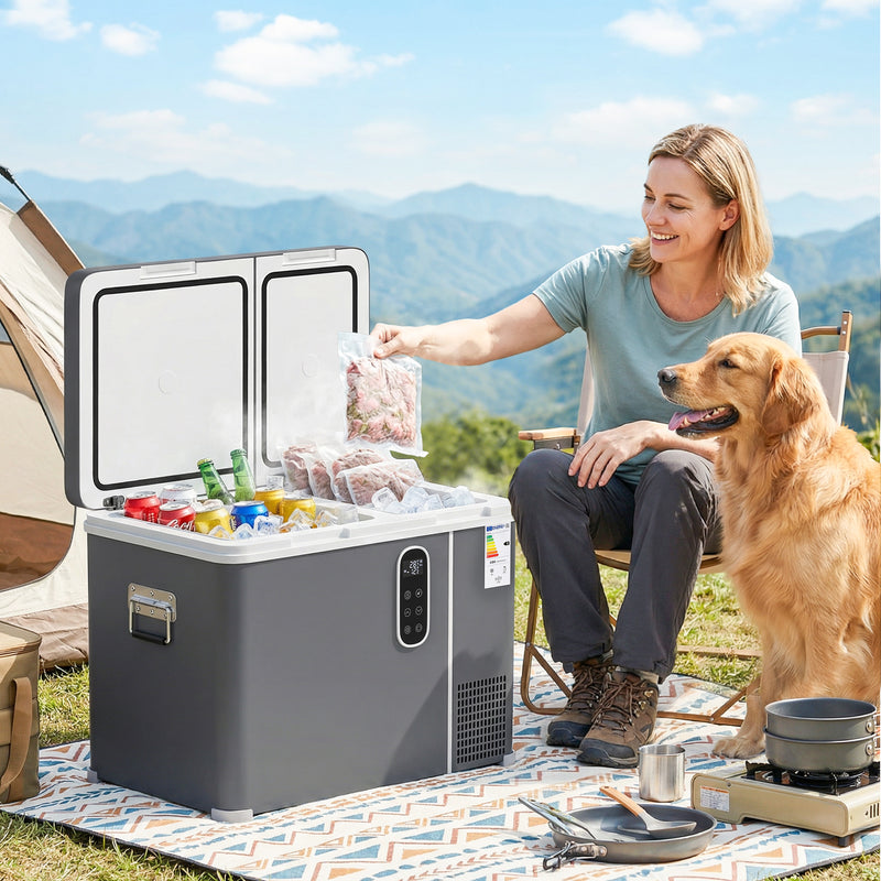 Portable Dual Zone Car Fridge Freezer 45L for Fresh Food and Drinks on the Go Grey
