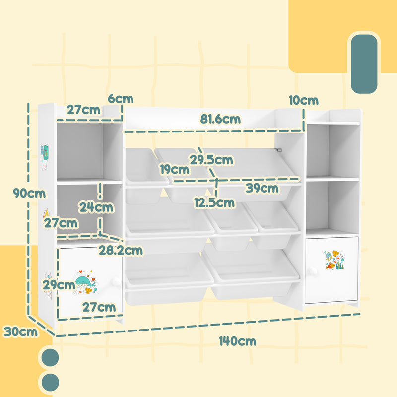 Kids Storage Unit with 8 Removable Bins and Bookshelf Ideal for Toys and Books, White