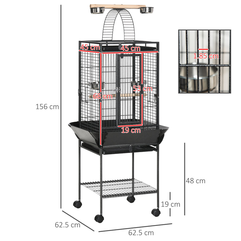 Tall Parrot Bird Cage With Open Play Top Perch Wheels and Storage Shelf Dark Grey AOSOM