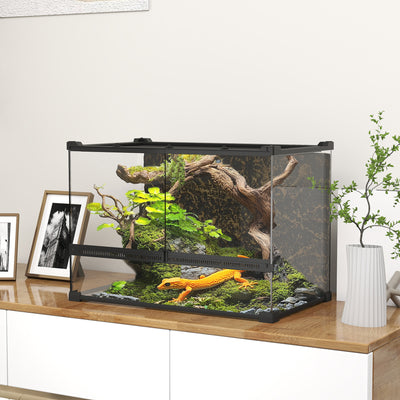 Glass Reptile Terrarium with Stone Background Front Ventilation and Lock 50x30x35cm Black