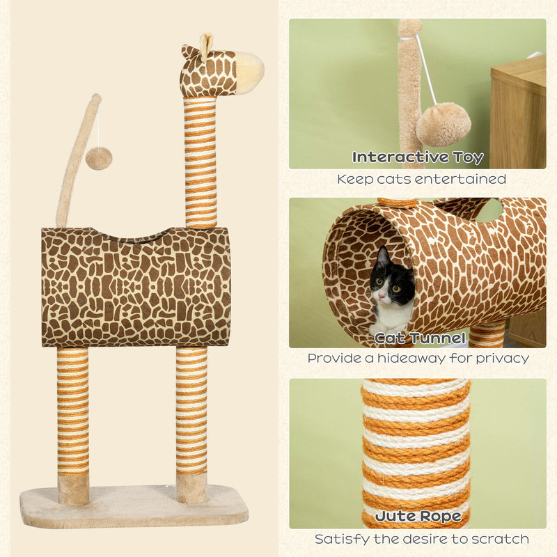 Giraffe Cat Tree with Scratching Posts Tunnel and Hanging Toy for Indoor Play Beige