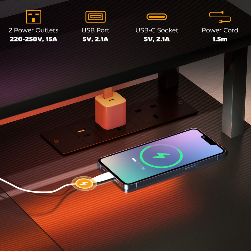 LED Computer Desk with Power Outlets and Storage Shelves Ideal for Home Office, Grey