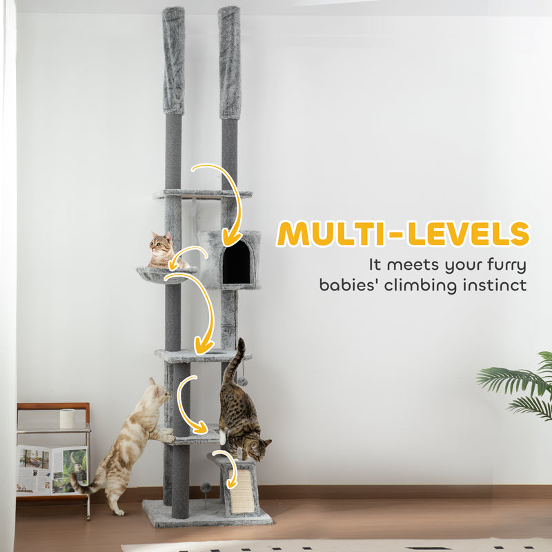 Floor to Ceiling Cat Tree with Ramp Scratching Posts and House for Large Cats 225-255cm by PawHut