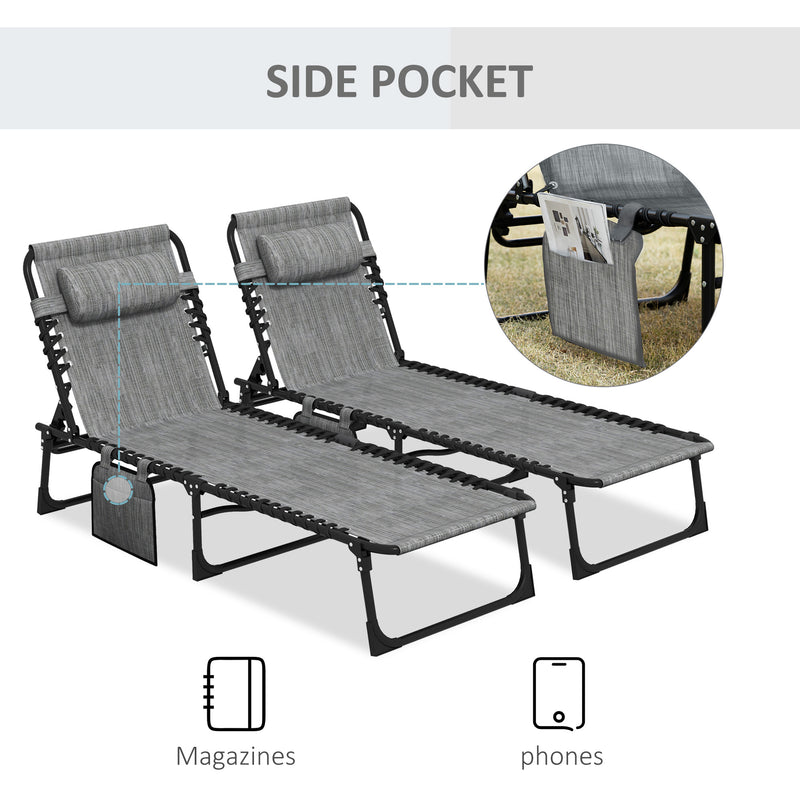 Set of 2 Folding Sun Loungers with Adjustable Backrest and Pillow for Garden or Beach