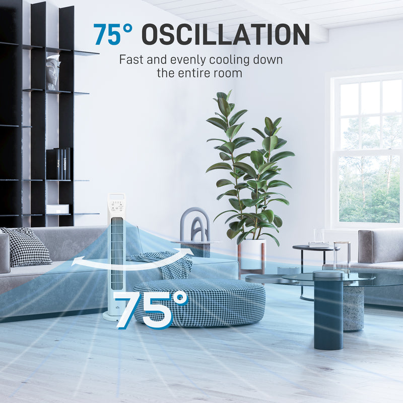 31 Inch Oscillating Tower Fan with Remote Timer and 3 Speeds for Home or Office, White