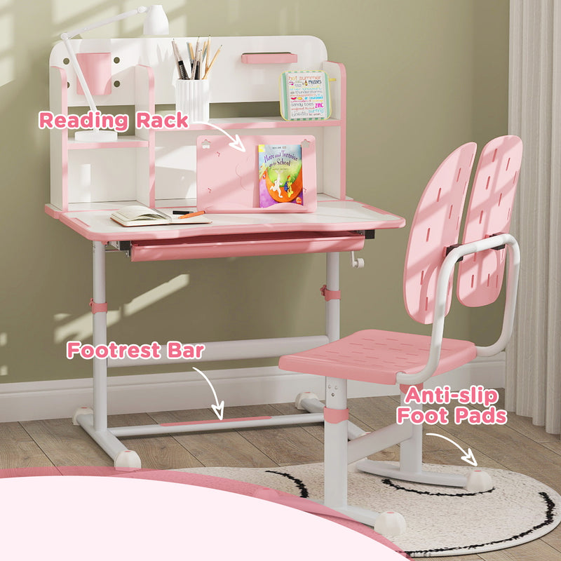 Height Adjustable Kids Desk and Chair Set with Tiltable Desktop and Reading Rack Pink by AIYAPLAY