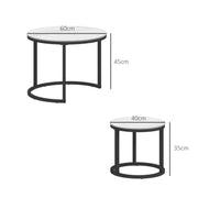 Set of 2 Round Nesting Coffee Tables with Marble Effect Glass and Steel Frame White by HOMCOM