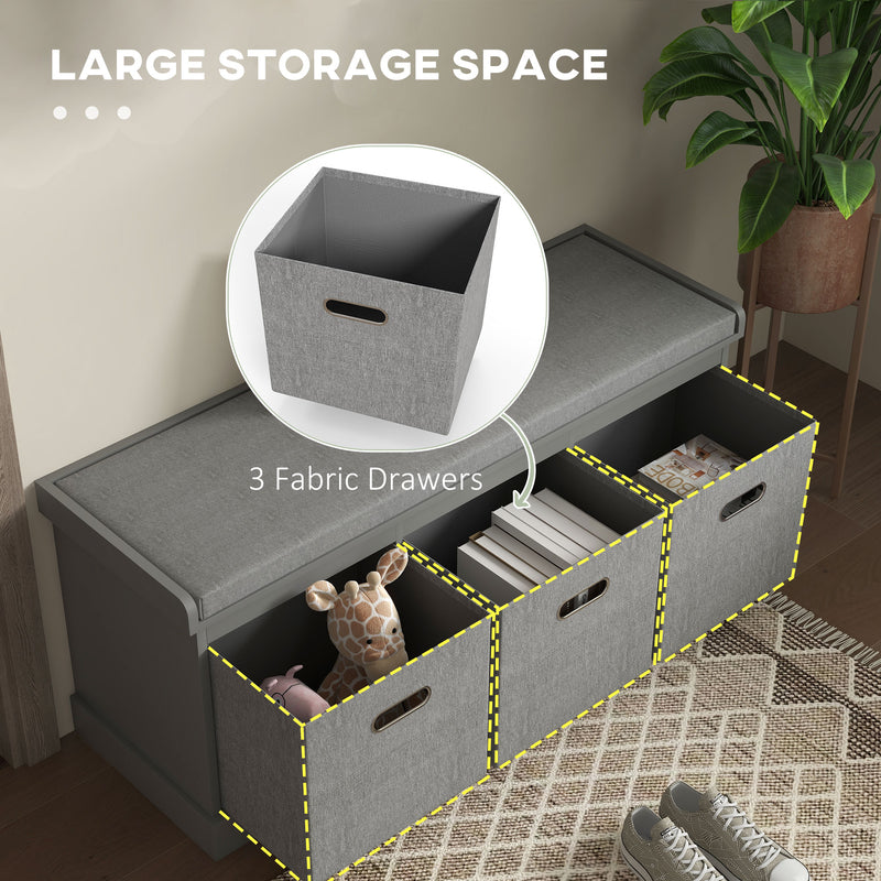 Three Drawer Shoe Storage Bench With Padded Seat Ideal For Hallway or Entryway Grey