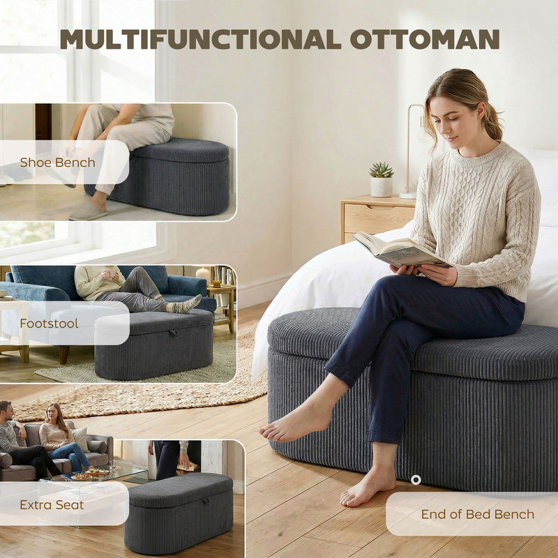 Storage Ottoman with Hidden Compartment and Padded Seat for Living Room or Bedroom Dark Grey Corduroy Homcom