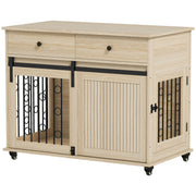 Dog Crate Furniture With Sliding Door and Storage Drawers on Wheels for Medium Large Dogs Oak