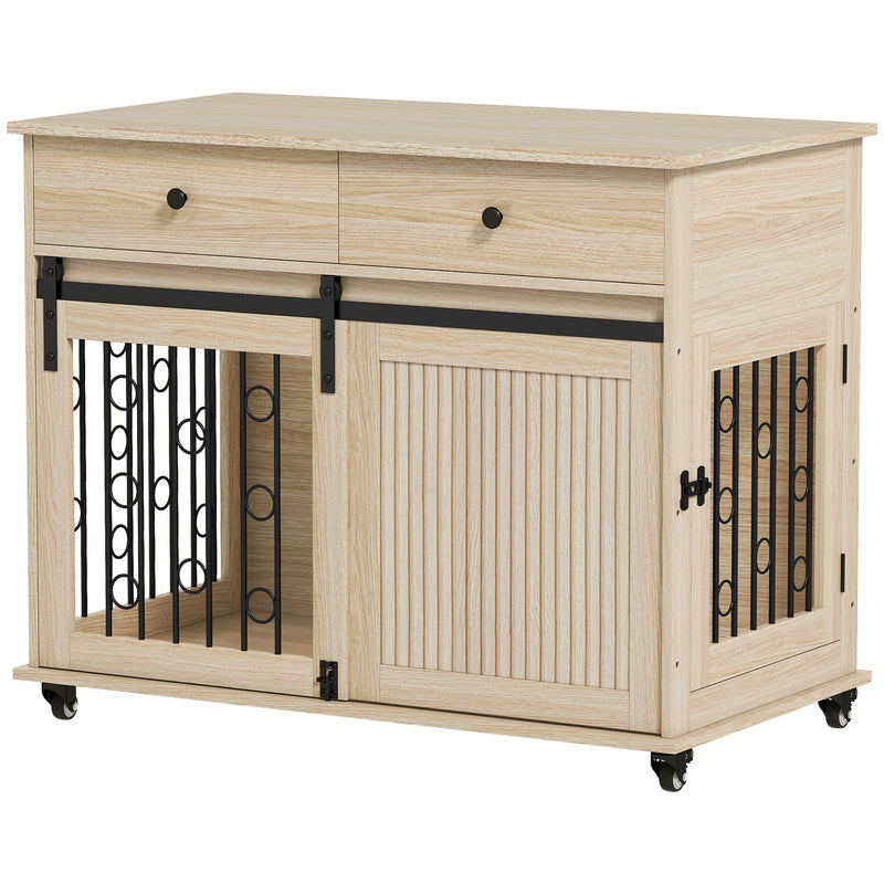 Dog Crate Furniture With Sliding Door and Storage Drawers on Wheels for Medium Large Dogs Oak