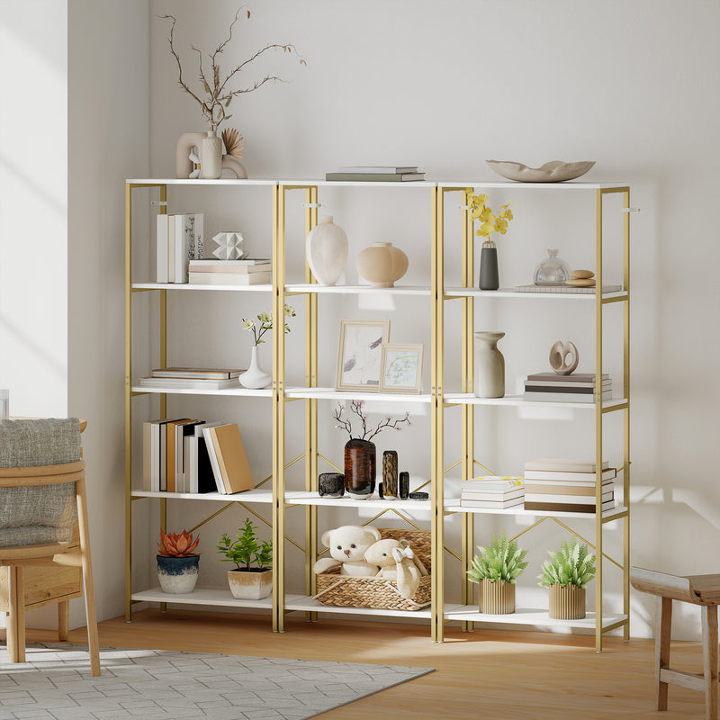 Gold and White Shelves For Living Room - 5 Tier Bookcase For Room Organisation - Gold Metal Frame With White Shelves Homcom