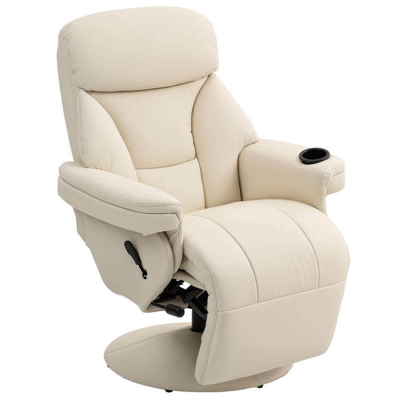 Manual Recliner Armchair with Footrest Swivel Base and Cup Holder for Living Room Cream White