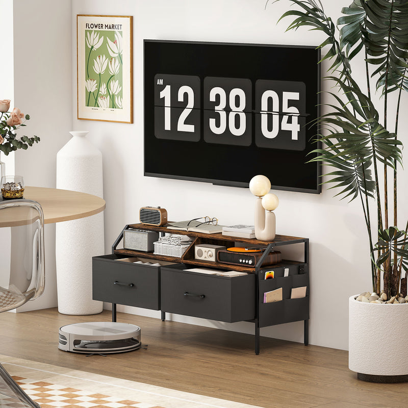 Wooden TV Stand Cabinet With Foldable Drawers And Side Pockets For 55 Inch TVs, Rustic Brown