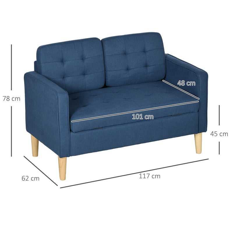 Compact 2 Seater Loveseat Sofa with Hidden Storage and Wood Legs for Small Spaces Blue