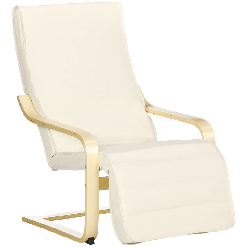 Reclining Wooden Lounging Chair with Adjustable Footrest and Cushion for Garden Comfort Cream White