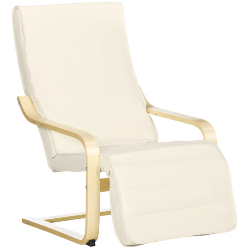 Reclining Wooden Lounging Chair with Adjustable Footrest and Cushion for Garden Comfort Cream White