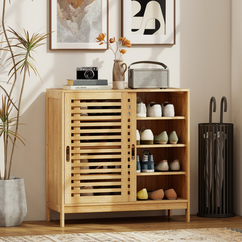 Hallway Shoe Cupboard with Sliding Louvered Doors, Recessed Handled, Adjustable Shelves, Natural