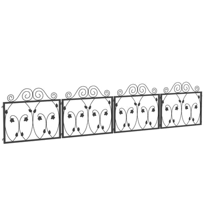Garden Fence Panels Set of 4 Black Metal 57cm Decorative Leaf Design for Borders Outsunny