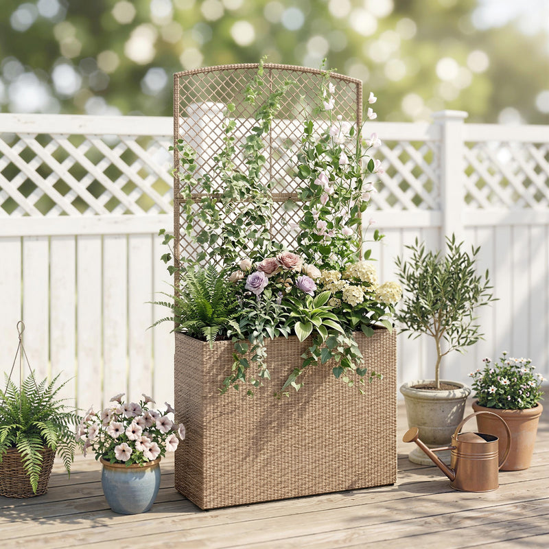 Raised Rattan Planter with Trellis for Upright Gardening and Climbing Plants Light Grey Outsunny