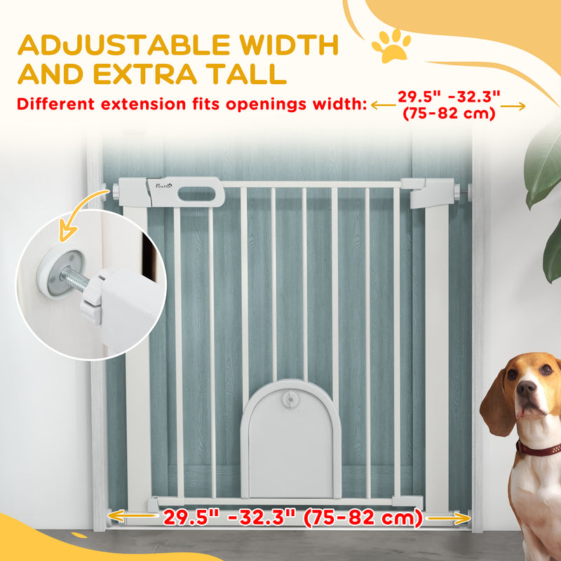 Pressure Fit Pet Safety Gate with Cat Flap and Double Lock For Stairs and Doorways White