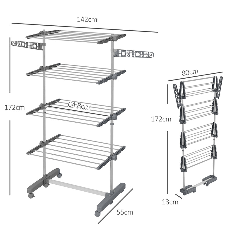 Foldable Clothes Drying Rack with Side Arms and Wheels for Indoor Use, Grey