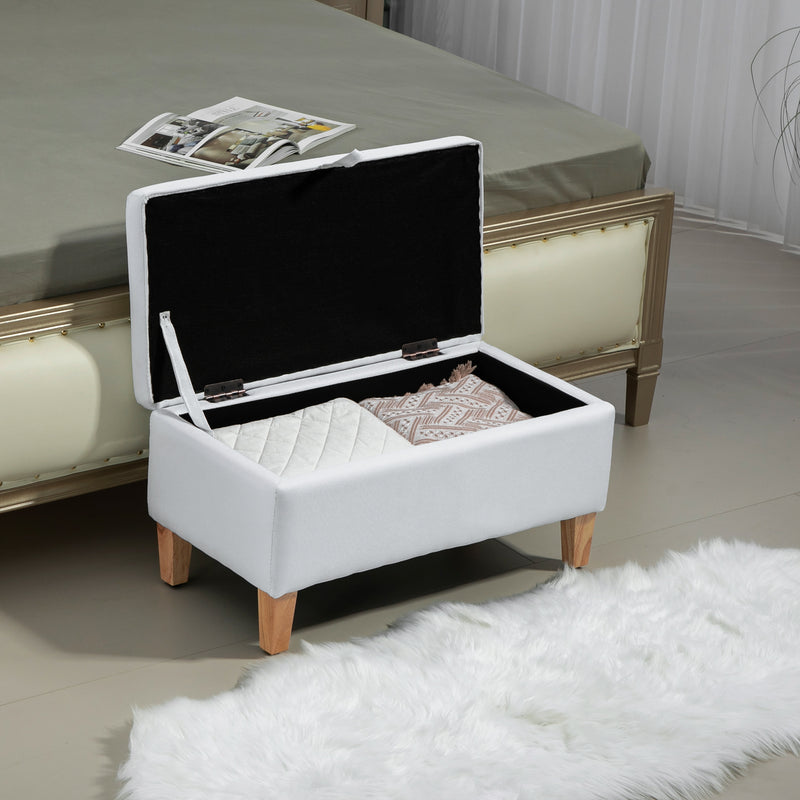 Cream White Linen Storage Ottoman with Padded Seat and Rubberwood Legs by HOMCOM