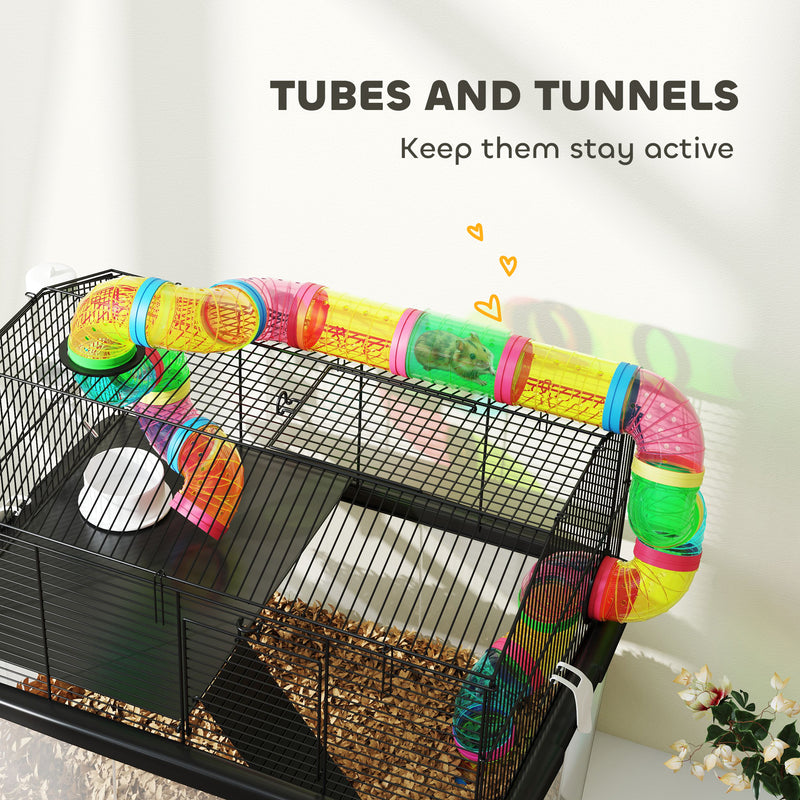 2 Tier Hamster Cage with Deep Tray Tube System Water Bottle and Accessories by PawHut