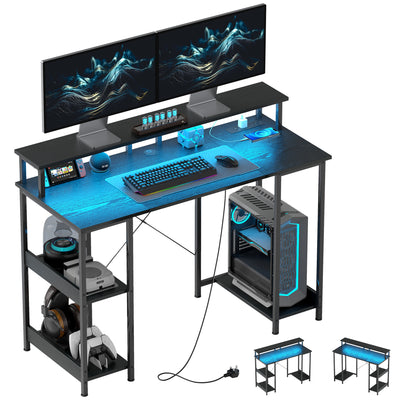 Black Computer Desk with Power Outlets LED Lights and Storage Shelves by HOMCOM