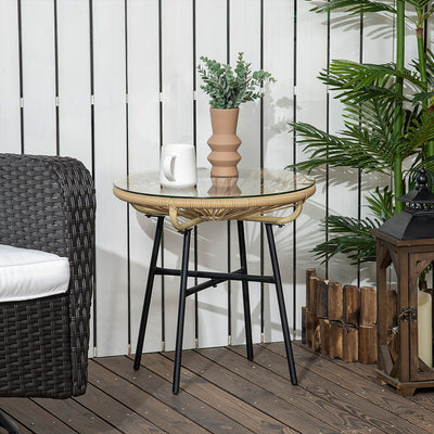 Beige Rattan Round Garden Side Table With Tempered Glass Top For Patio Balcony Or Outdoor Use
