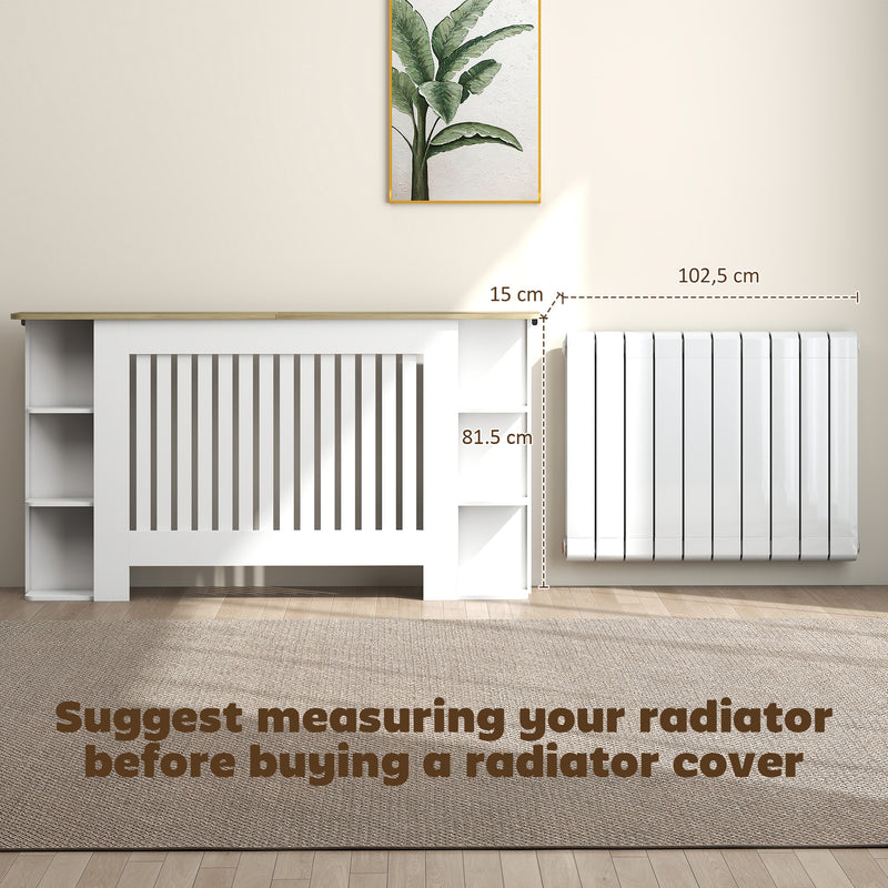 Large White Radiator Cover with Open Storage Shelves for Living Room or Hallway, 152W x 19D x 83H cm