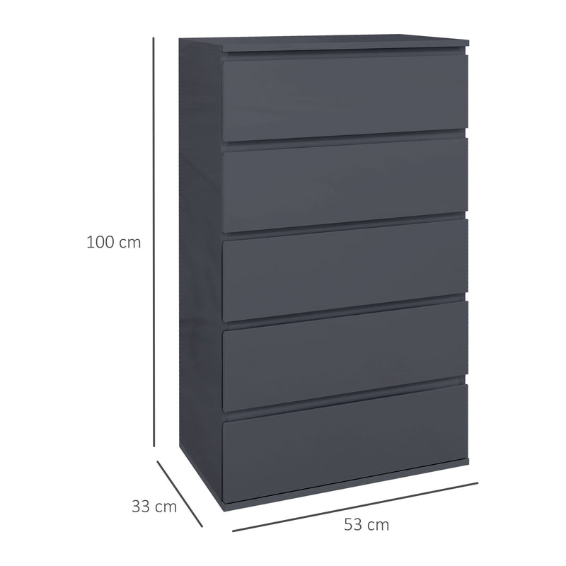 5 Drawer Tall Bedroom Dresser With High Gloss Finish And Ample Storage Space Grey