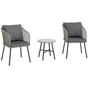 Grey 3 Piece Rattan Bistro Set with Cushions and Glass Table for Garden or Balcony by Outsunny