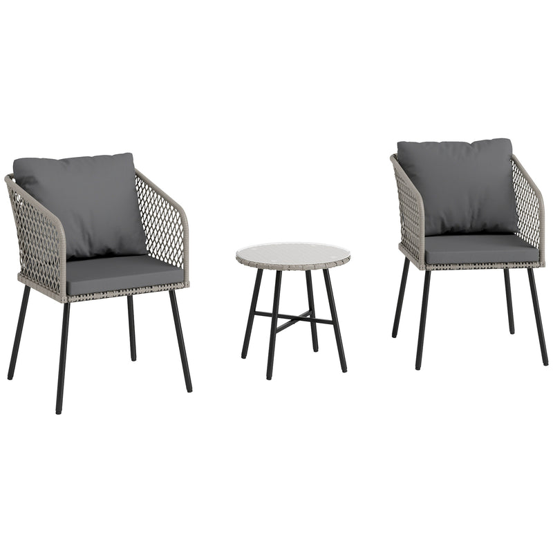 Grey 3 Piece Rattan Bistro Set with Cushions and Glass Table for Garden or Balcony by Outsunny